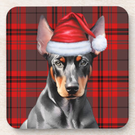 Posavasos Doberman Pinscher with Seasonal Red Holiday Plaid