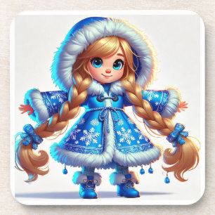 Posavasos Doncella de nieve adorable con abrigo azul