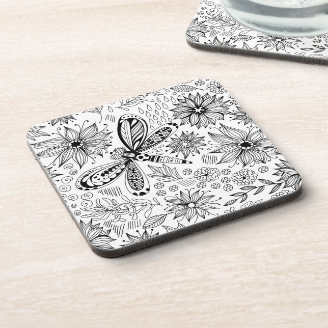 Posavasos Doodle de libélula y flores (Lado Izquierdo)