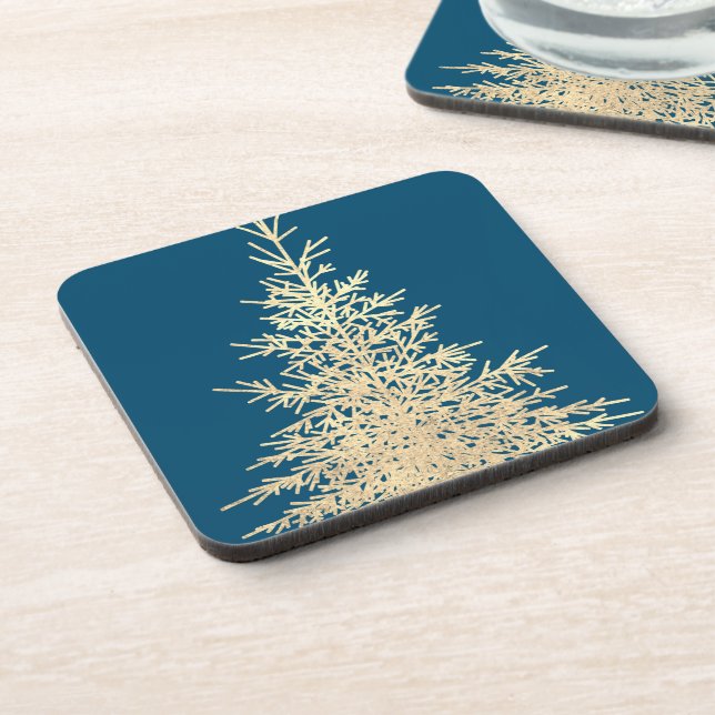 Posavasos Dorado y azul árbol evergreen elegante invierno (Lado Izquierdo)