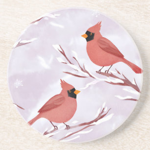 Posavasos Dos cardenales rojos   Pintura de acuarela
