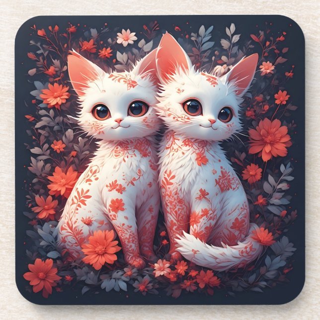 Posavasos Dos gatitos blancos y flores (Frente)