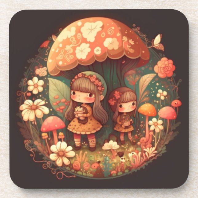 Posavasos Dos niñitas bajo la decoración marrón hongo (Frente)