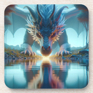 Posavasos Dragón azul místico mira la reflexión en el agua