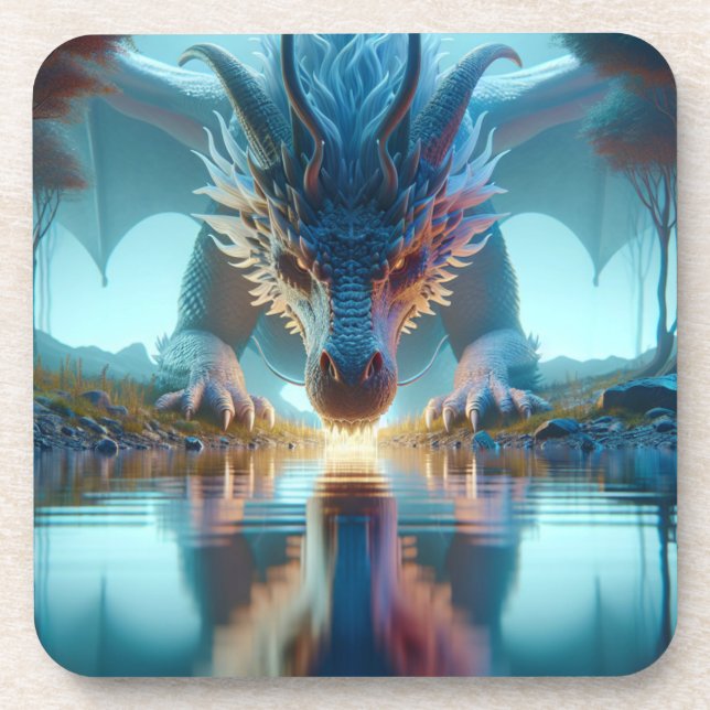 Posavasos Dragón azul místico mira la reflexión en el agua (Frente)