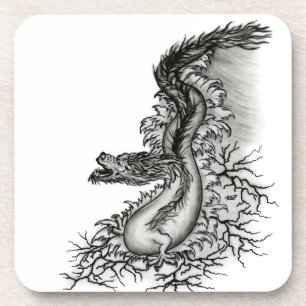 Posavasos Dragón chino, diseño blanco y negro en tatuostyl