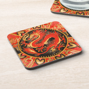 Posavasos Dragón chino tradicional de oro rojo