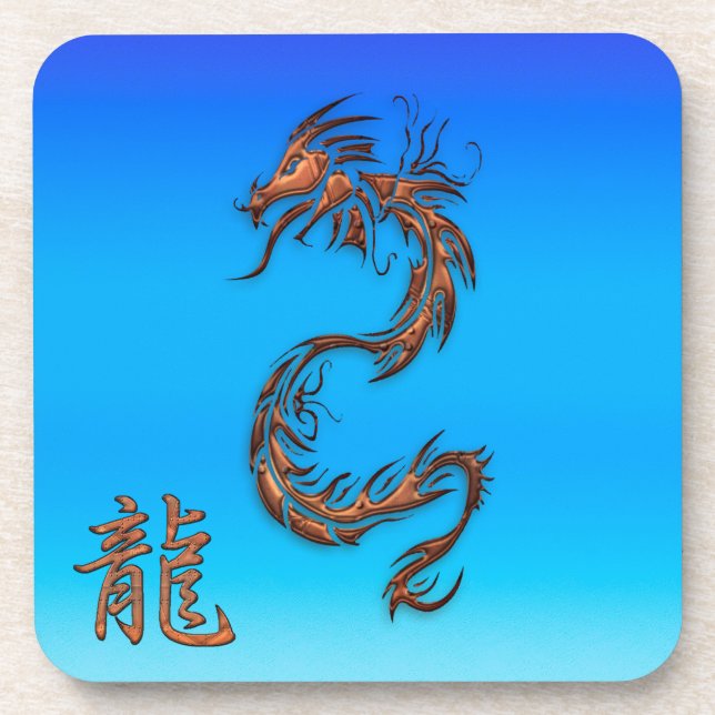 Posavasos Dragón de cobre chino en ruedas de bebida azul (Frente)