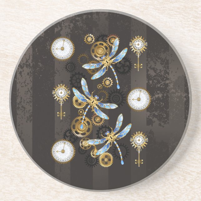 Posavasos Dragoniscos de Steampunk sobre fondo rayado marrón (Frente)