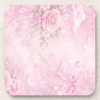 Posavasos Dreamy Pink Rose Floral Pearls Bows Sparkles