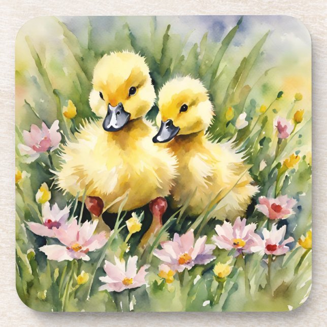 Posavasos Ducklings de acuarela en Wildflower Meadow (Frente)