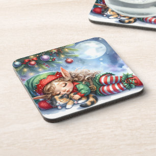 Posavasos Duende de Navidad durmiendo con gatito calico