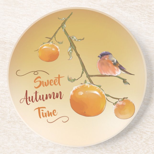 Posavasos Dulce Naranja de otoño Persimmon Fruits & Aves (Frente)