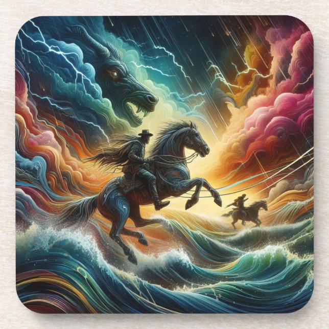 Posavasos Dúo dinámico: Aventura tormentosa a caballo (Frente)