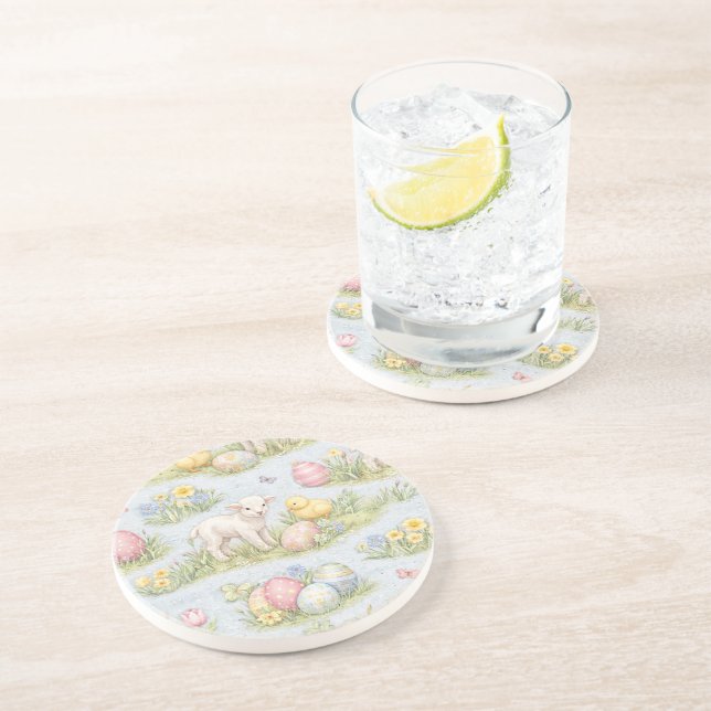 Posavasos Easter Lamb And Chick Watercolor Floral Spring (Lado)