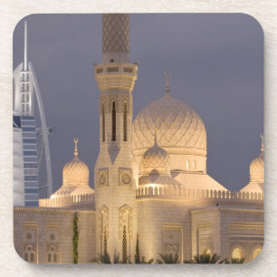 Posavasos EAU, Dubái. Mezquita por la tarde con Burj al Arab