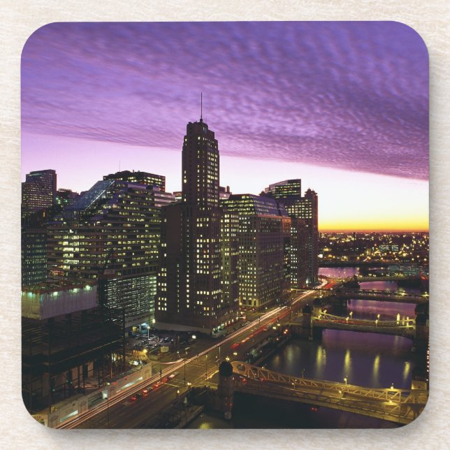 Posavasos EE. UU., IL, Chicago. Horizonte y río de Chicago (Frente)