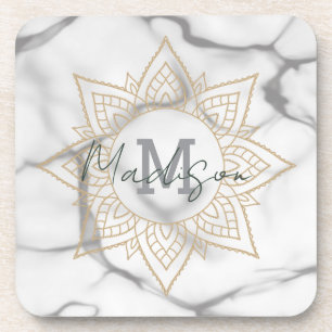Posavasos Efecto de mármol gris y blanco Mandala dorada Mono