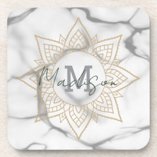 Posavasos Efecto de mármol gris y blanco Mandala dorada Mono