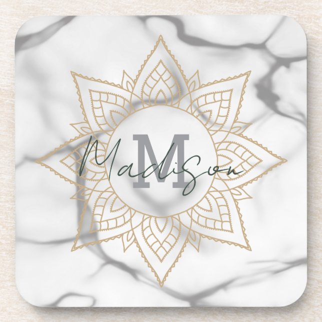 Posavasos Efecto de mármol gris y blanco Mandala dorada Mono (Frente)