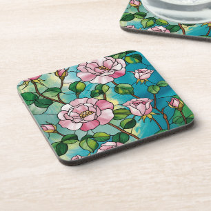 Posavasos Efecto de vidrio emplomado floral flores rosadas b