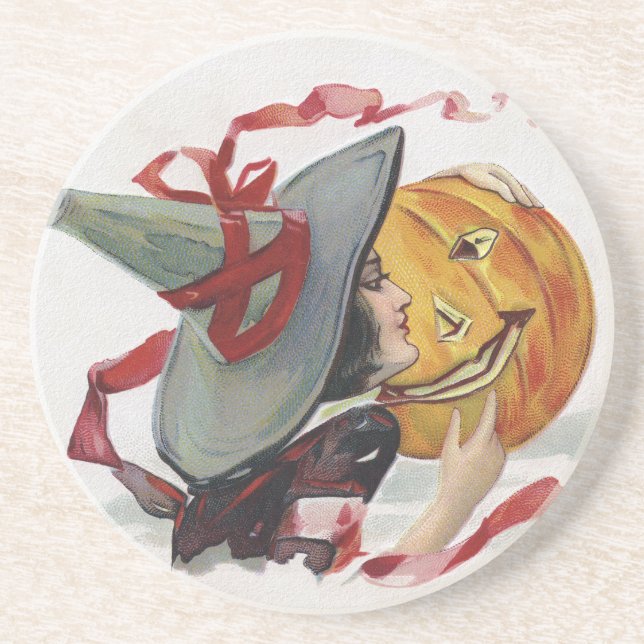 Posavasos El Beso de la Bruja: una Calabaza de Halloween (Frente)