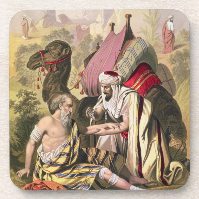 Posavasos El buen samaritano, de una biblia impresa por (Frente)