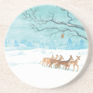 Posavasos El ciervo de cola en el bosque de invierno cubiert