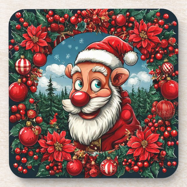 Posavasos El gracioso Papá Noel con guirnaldas y adornos (Frente)