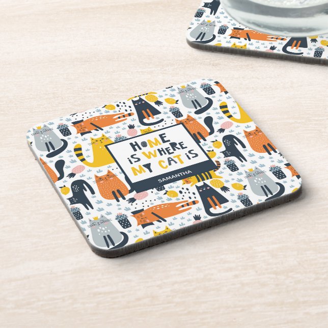 Posavasos El hogar es donde mi gato es monogramado nombre co (Lado Izquierdo)