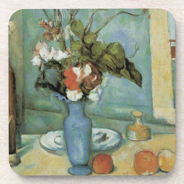 Posavasos El jarrón azul (Flores y frutas) de Paul Cézanne (Frente)