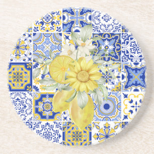 Posavasos El mosaico florece en azul y amarillo