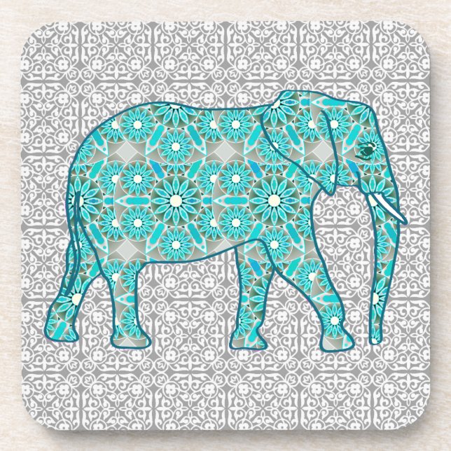 Posavasos Elefante de flores de Mandala - turquesa, gris y b (Frente)
