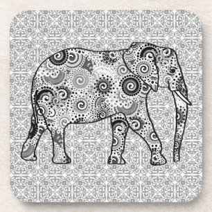 Posavasos elefante de remolino fractal - gris, negro y blanc