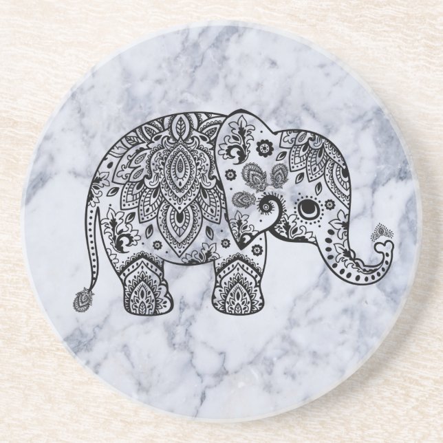 Posavasos Elefante floral negro lindo en piedra de mármol bl (Frente)