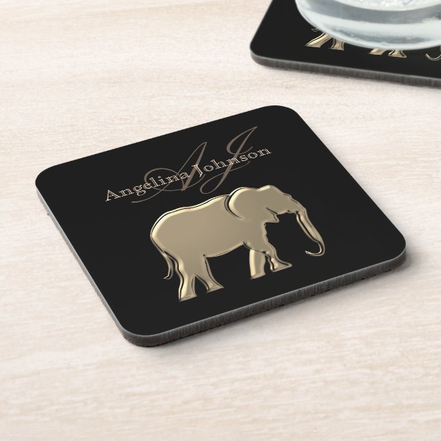 Posavasos Elefante moderno negro y dorado monogramado elegan (Lado Izquierdo)