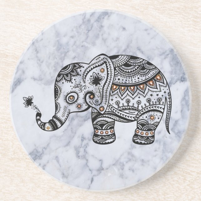 Posavasos Elefante Negro Sobre Piedra De Mármol Gris (Frente)