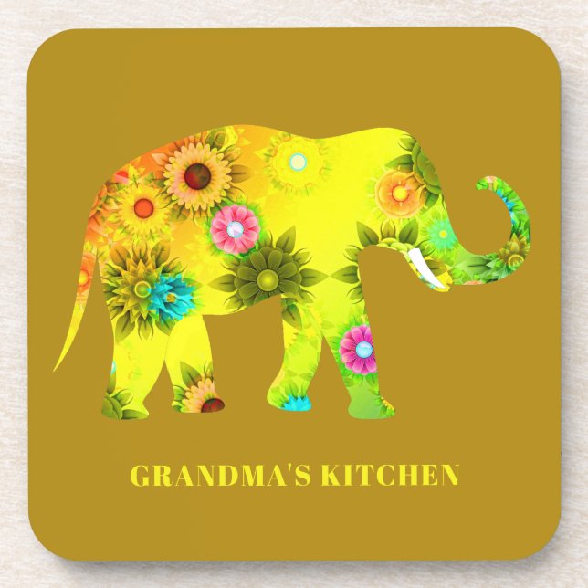 Posavasos Elefante psicodélico floral colorido (Frente)