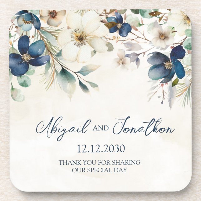 Posavasos Elegant Blue Floral Winter Wedding (Frente)
