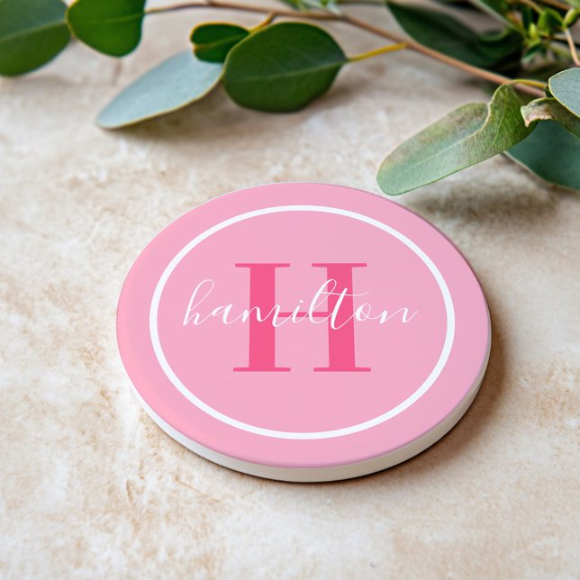 Posavasos Elegant Light Pink Round Custom Monogram Initial (Subido por el creador)