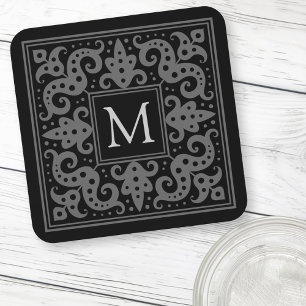 Posavasos Elegant monogram initial black gray ornate border