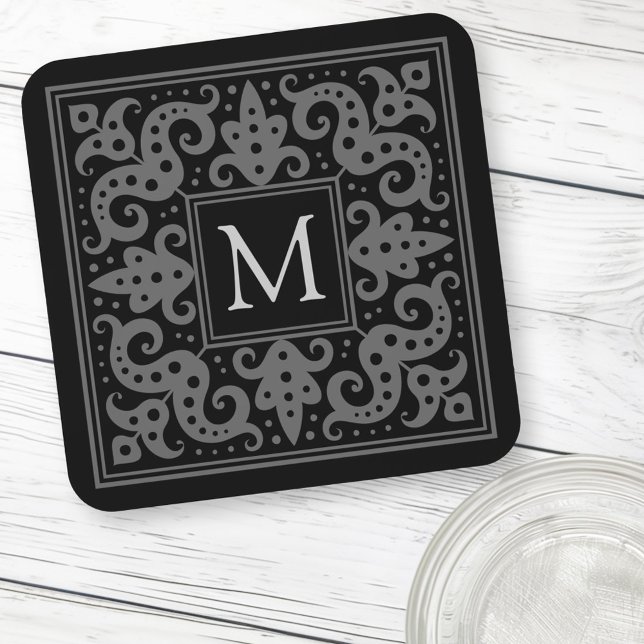 Posavasos Elegant monogram initial black gray ornate border (Elegant monogram initial black gray ornate border beverage coaster)