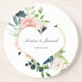Posavasos Elegant Navy Blue Blush Rose Floral Heart Wedding