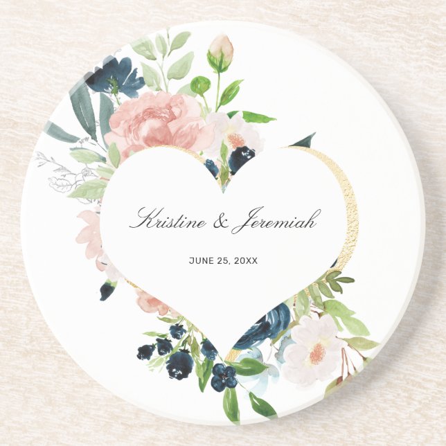 Posavasos Elegant Navy Blue Blush Rose Floral Heart Wedding (Frente)