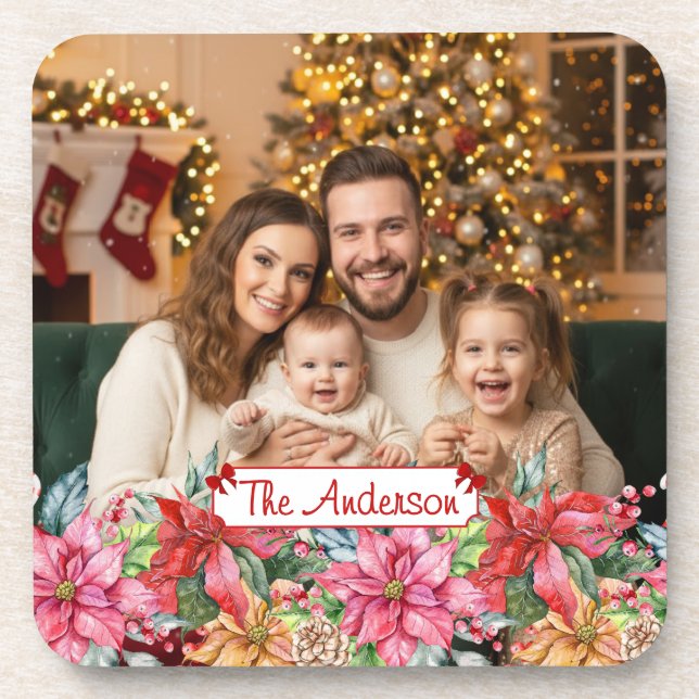 Posavasos Elegant Poinsettia Floral Border Custom Photos (Frente)