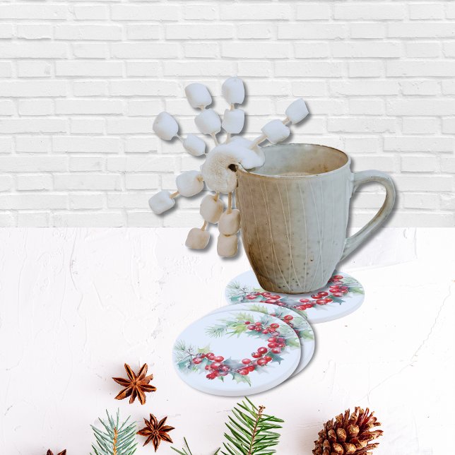 Posavasos Elegante acuarela Holly Berry Wreath Navidades (Subido por el creador)