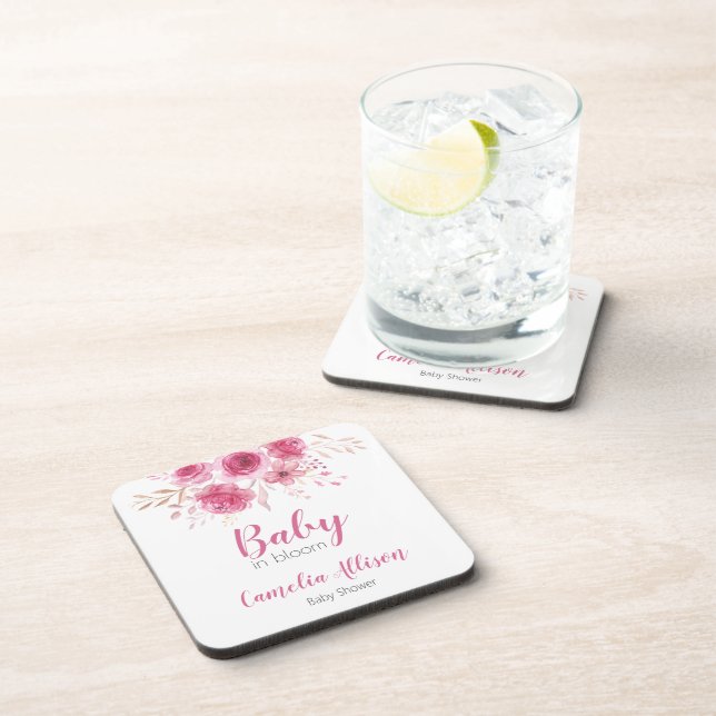 Posavasos Elegante Baby Shower con flores rosadas (Lado Derecho)