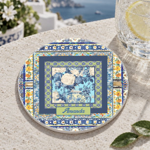 Posavasos Elegante baldosas azules florales chinoiserie mono