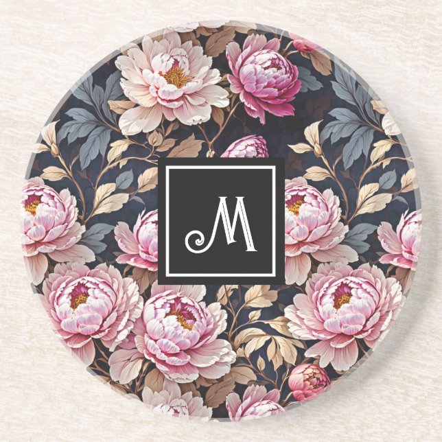 Posavasos Elegante bienvenida Rubor Pink Peony Floral Monogr (Frente)