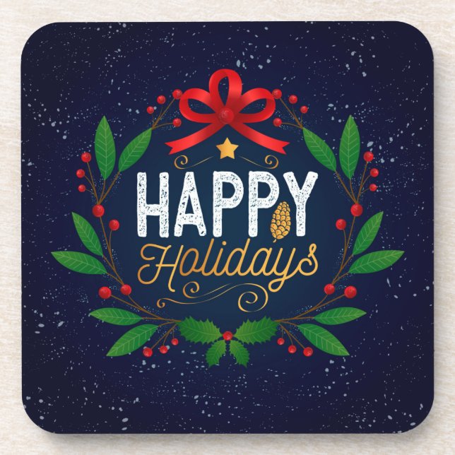 Posavasos Elegante Blue Floral Happy Holidays | Montaña (Frente)